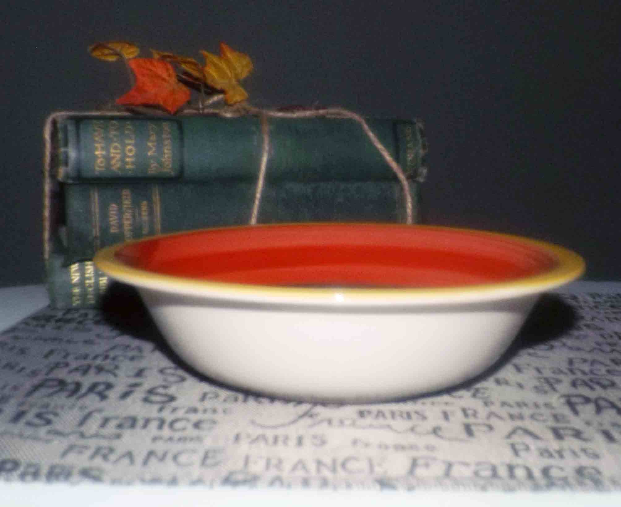 Vintage (1980s) Royal Norfolk Mambo rimmed cereal bowl. Bold red, orange, blue, green and yellow