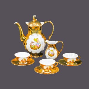 Vintage Versailles Bavaria Demitasse Set: Fragonard Romance, Gold Luster Coco Service