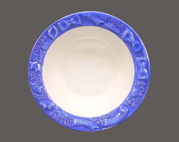 Himark round rimmed pasta or salad serving bowl. Blue, embossed pasta shells, pasta wording on rim.