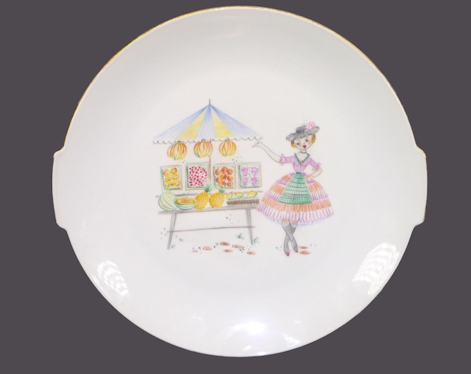 Vintage Heinrich lugged serving plate. Woman at fruit market stand. Germany.