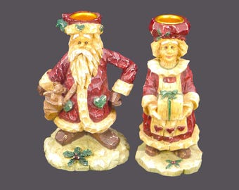 Pair of Old World Santa Mr and Mrs Claus stone candlestick holders. Christmas table decor. Unused.