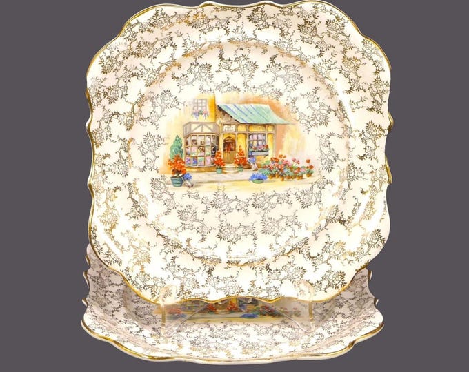 Pair of Lancaster Sandland LSA3 The Posy Shop gold chintz square salad plates made in England.