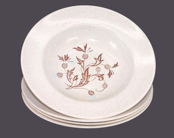 Four Myott Hemingway rimmed stoneware soup bowls. Safari Stoneware made in England. Flaw (see below).