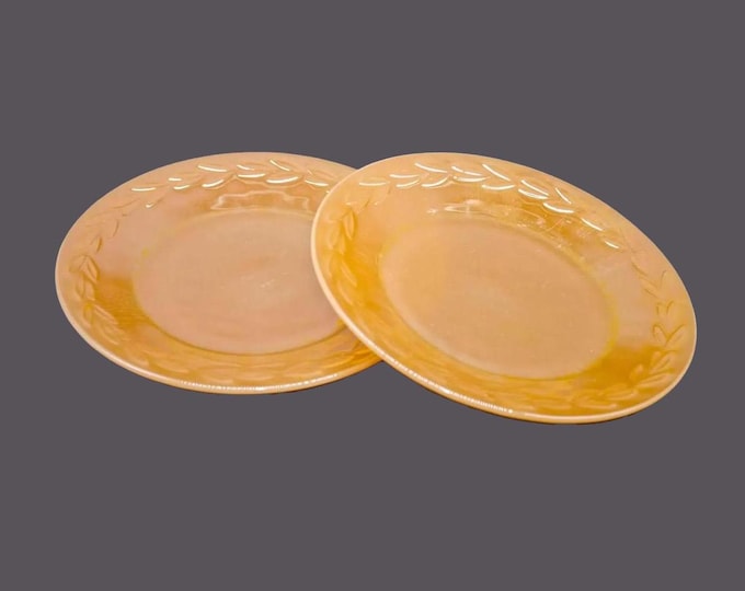 Pair of Anchor Hocking | Fire King Peach Luster Laurel all-peach glass dinner plates made in USA.