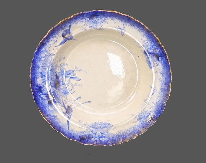 Antique Victorian era George Thomas Mountford | GTM Orchid flow-blue rimmed soup bowl made in England. Exceedingly rare.