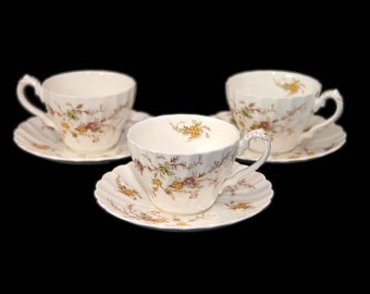 Three Myott Heritage M411PU cup and saucer sets made in England. Orphaned saucers also available.