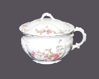 Antique art-nouveau period Johnson Brothers covered, handled chamber pot | toilet bed | commode. Pink floral sprays. Made in England.