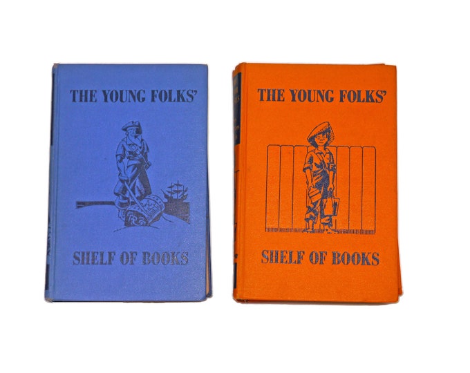 Two volumes of Young Folks Shelf of Books Junior Classics Vol 6 Stories About Boys & Girls, Vol 9 Sport and Adventure.