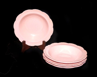 Five antique J&G Meakin Rosa all-pink rimmed cereal bowls. Sol Sunshine ironstone made in England.