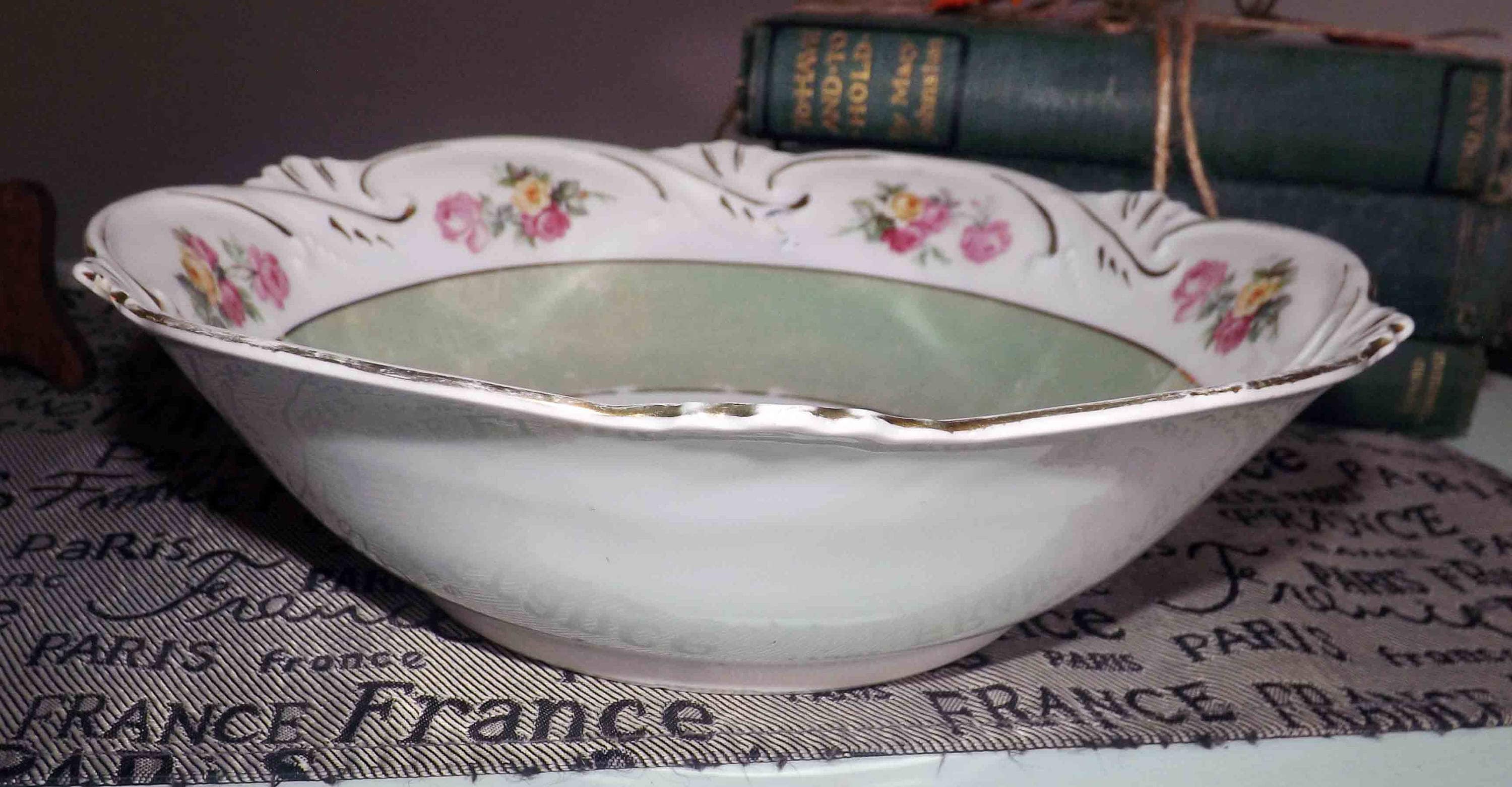 Vintage (1960s) German lusterware vegetable serving bowl. Central pink