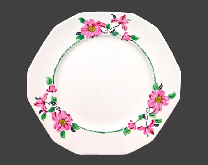 Antique Alfred Meakin multi-sided salad plate. Hand-painted pink flowers, greenery. Made in England
