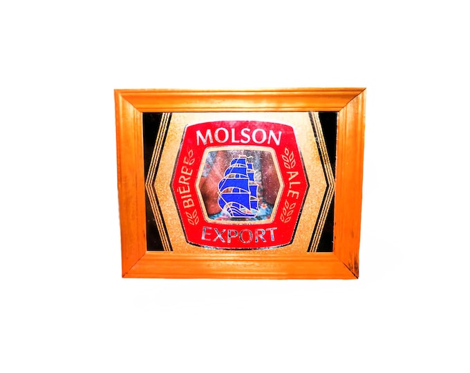 Molson Export Ale framed etched-glass bar mirror. Old Export branding sailing ship, solid wood frame. Great home bar decor.