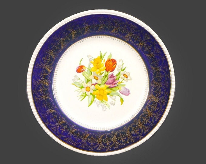 Simpsons Potters 749 large dinner plate. Cobalt, florals, filigree. Solian Ware Ironstone made in England. Flaw (see below).