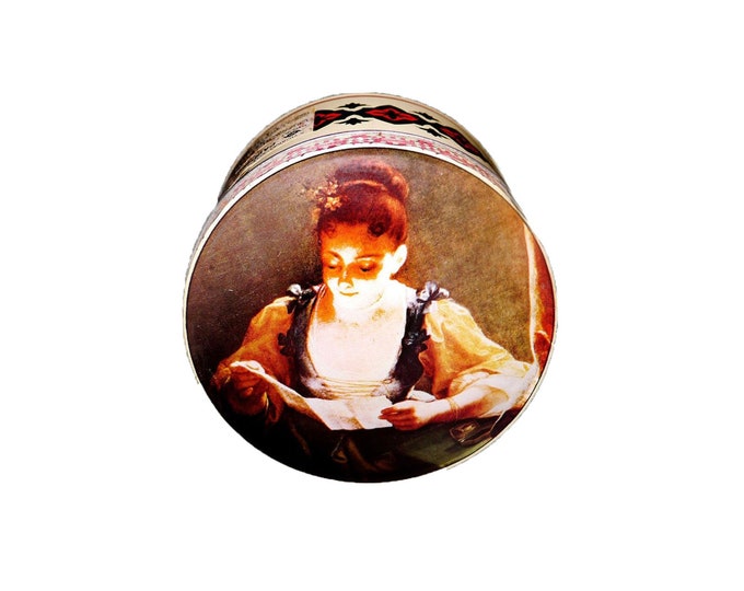 Murray Allen Confections Old Masters round candy tin. Jeune Fille by Jean Raoux. Tin made in England.