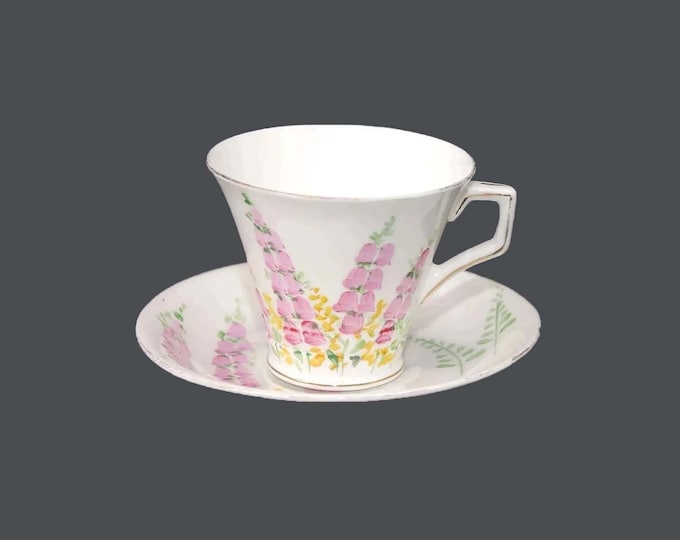 Art-deco era Radfords Fenton 8384 hand-painted tea set made in England. Pink delphinium. Minor flaws (see below).