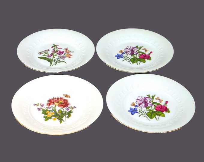 Four Josef Kuba Weisau | JKW dessert or salad plates made in Bavaria. Multicolor florals, butterflies.