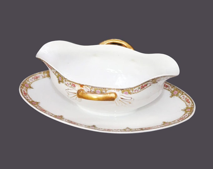 Antique Fuisseaux de Baudour | Baudour Limoges | Lanternier Limoges LNT103 gravy boat with under plate made in Belgium.