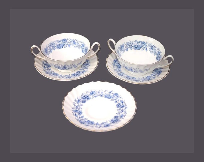 Pair of Royal Doulton Mayfair Blue H4900 double-handled cream soup | bouillon sets with bonus orphan saucer. Bone china made in England.