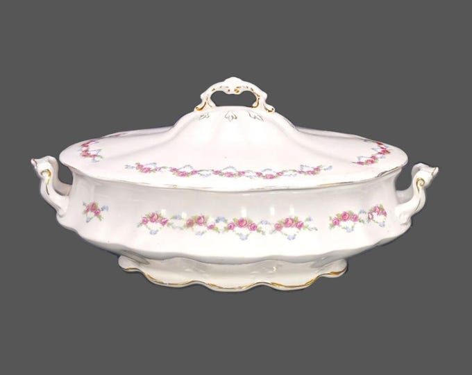 Antique S.W. Dean 1475 covered serving bowl made in England. Pink roses, blue flowers, greenery.