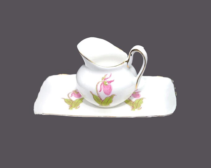 Sutherland Bone China Lady's Slipper creamer jug and under-tray set made in England. Floral emblem of PEI Canada.