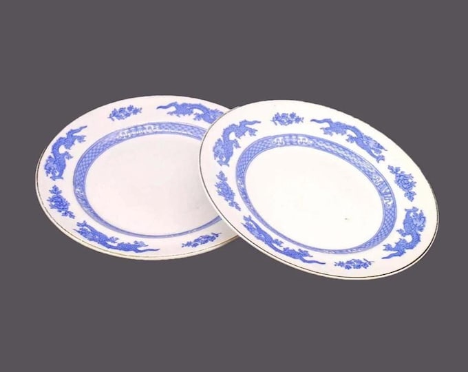 Pair of George Jones & Sons | Crescent Pottery Dragon blue-and-white Chinoiserie salad plates made in England.