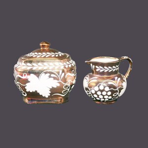 Vintage Gray's Pottery Creamer & Sugar Bowl Set: Gold Luster White Leaves, England