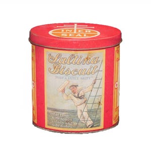 Vintage Nabisco Saltina Biscuits sailor boy &quot;Just a Little Salty&quot; reproduction tin Hong Kong.