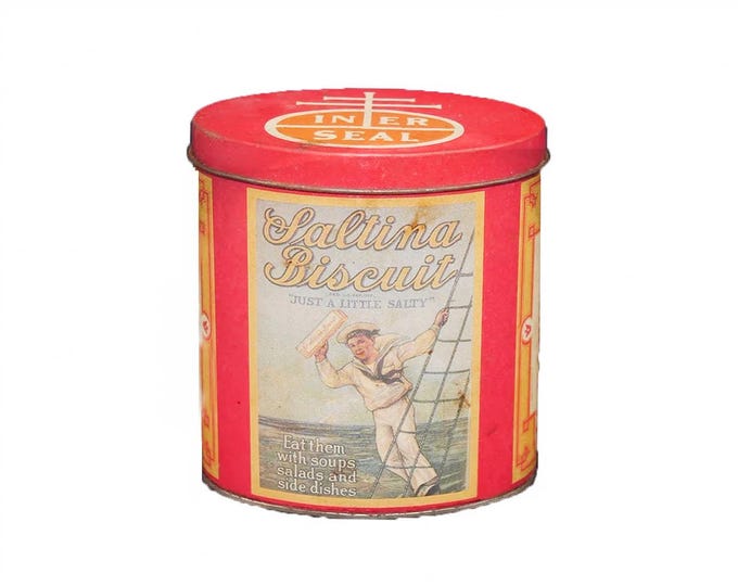 Nabisco Saltina Biscuits sailor boy "Just a Little Salty" reproduction tin made in Hong Kong.