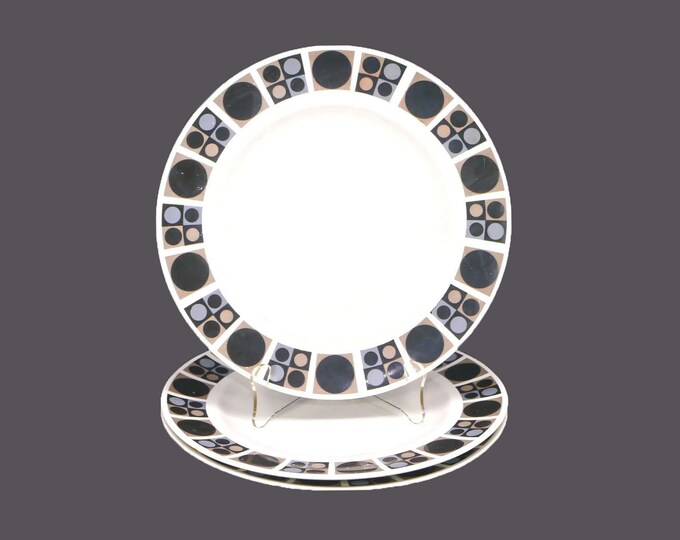 Three Midwinter Focus dinner plates made in England. Op Art Barbara Brown design.