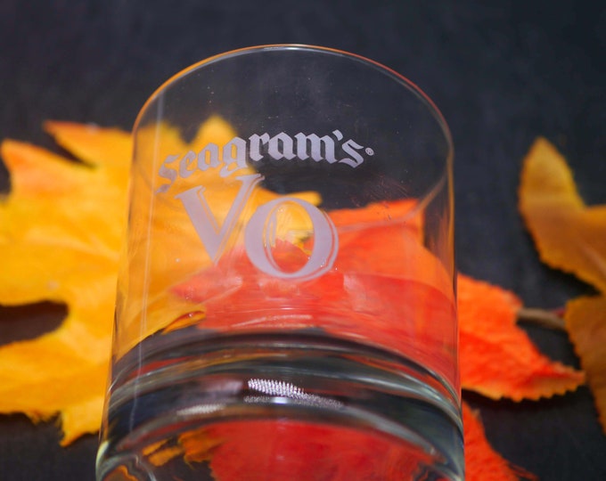 Seagram's VO Canadian whisky, lo-ball, on-the-rocks, old fashioned glass. Etched-glass branding.