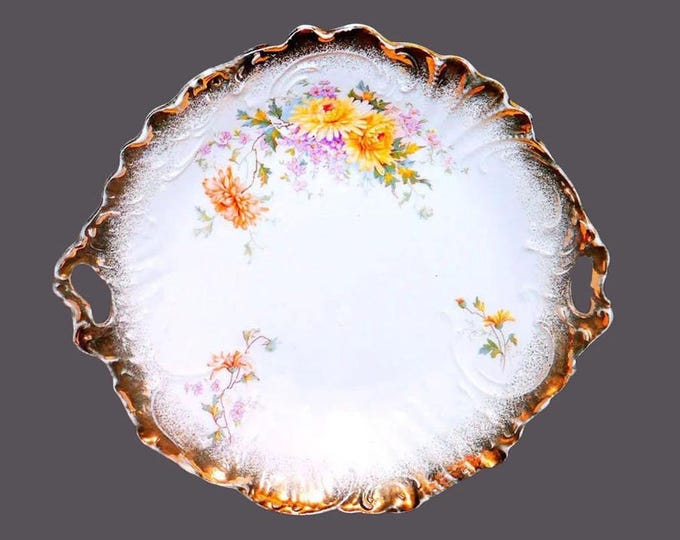 Antique Aesthetic Movement Carl Tielsch Altwasser 10502 serving bowl. Yellow mums, multicolor florals, brushed-gold edge.