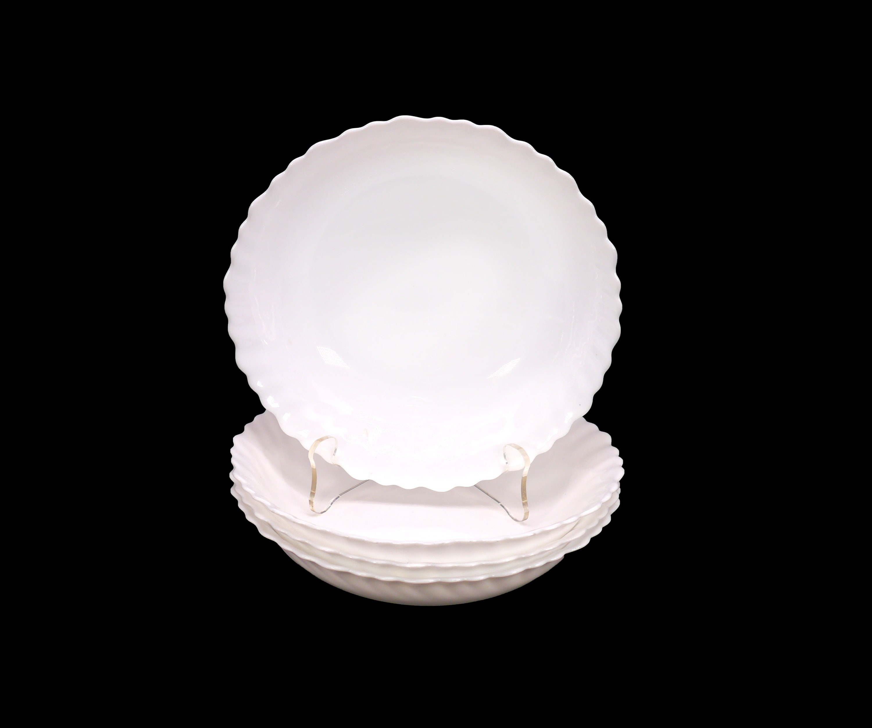 Four Arcopal Trianon all-white milk-glass soup bowls made in France.