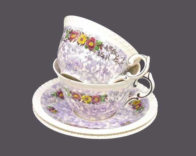 Pair of George Jones The Windsor cup and saucer sets made in England. Minor flaw (see below).