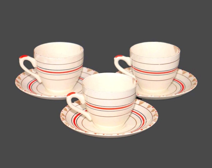 Three art-deco era Myott Queen 1315F cup and saucer sets made in England.