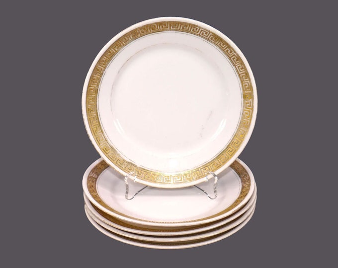 Five antique Royal Bayreuth ROB444 gold-encrusted Greek Key bread plates made in Bavaria. Flaws (see below).