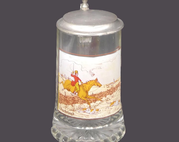Fiye Italy etched-glass and pewter covered beer stein "Fuchsjagd" or The Fox Hunt.
