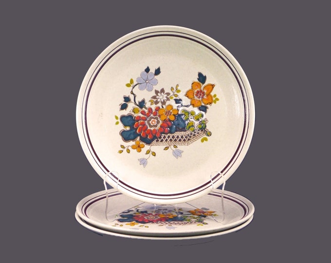 Three Royal Doulton Paradise Garden LS1041 stoneware dinner plates. Lambethware stoneware made in England.