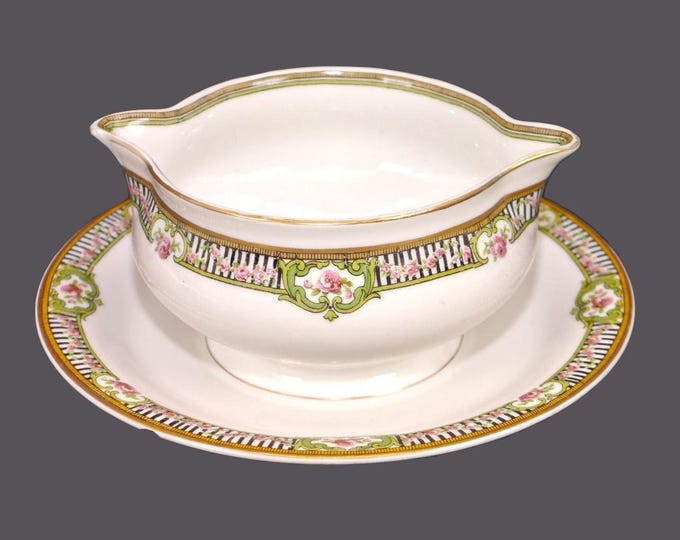 Theodore Haviland Limoges Schleiger 170c twin-spout gravy boat with attached under-plate. Flawed (see below).