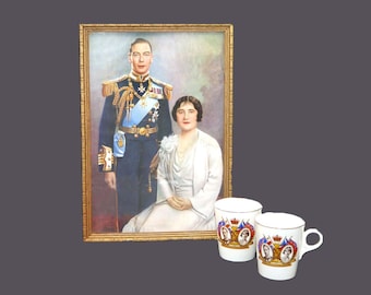 Vintage King George VI & Queen Elizabeth Coronation Mugs with Framed Portrait
