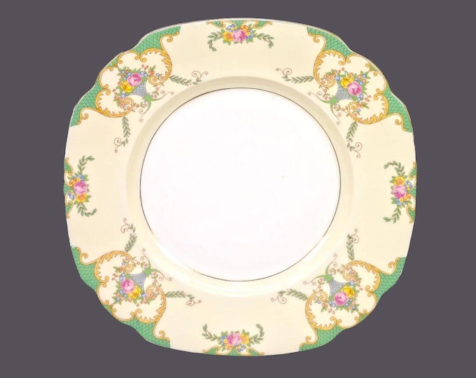 Antique art nouveau Gebruder Benedikt square luncheon plate. Green scrolls, flowers, berries in urn on yellow. Made in Czechoslovakia.