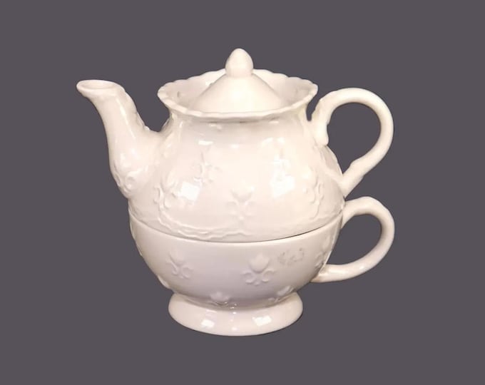 Skye McGhie Cream Lace tea-for-one stackable one-cup teapot with cup.