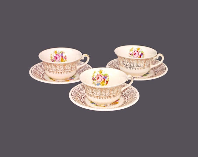 Three Fondeville Athlone cup and saucer sets. Ambassador Ware ironstone made in England. Florals and filigree.