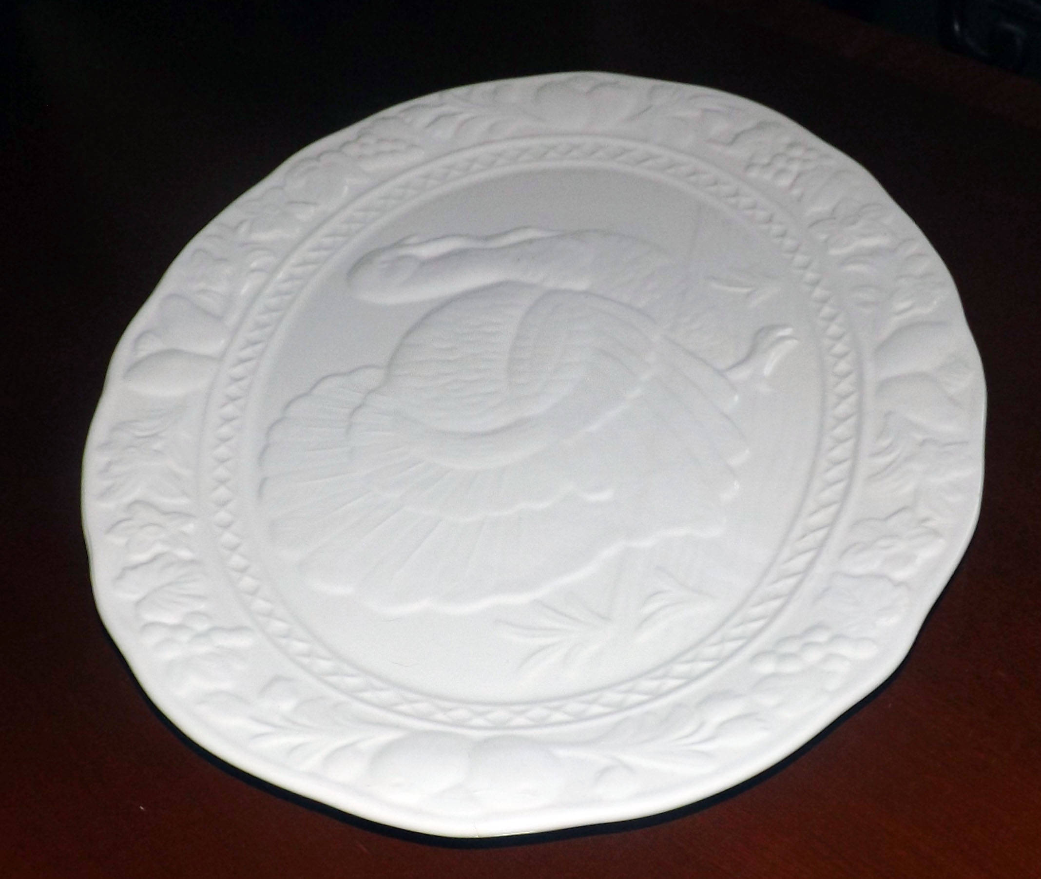 Vintage (1970s) allwhite JAP22 large, ceramic turkey platter. Central