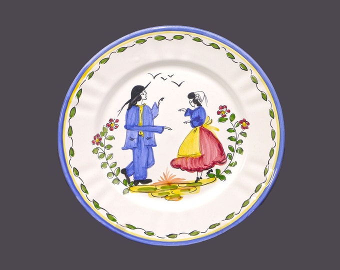 Folk Art plate Quimper-style villagers dancing. Hand-painted art pottery made in Portugal.