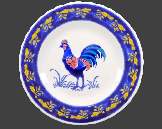 Hand-painted display or cabinet plate. Central rooster, gold, red leaves. Brittany Quimper style. Attributed Portugal 1960s.