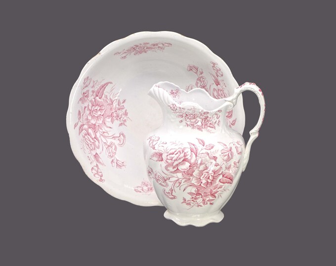 Late Victorian-era W. Baker & Co. Camelia wash basin and pitcher | lavatory set. Pink transferware made in England. Flaws.