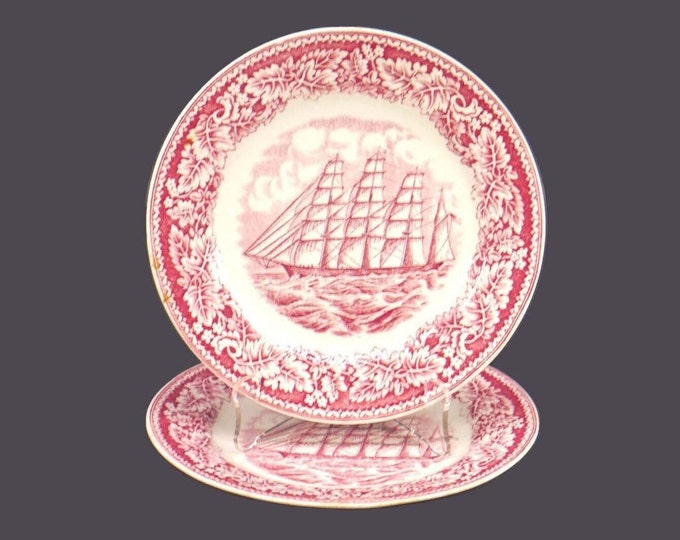 Pair of Homer Laughlin Currier & Ives Red Clipper Ship Great Republic salad plates. Red transferware made in USA.