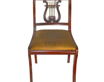 MCM wood Lyre Back, Harp Back, Duncan Phyfe Dining Chair attributed Bissman. Authentic French grain sack seating. Sold individually.