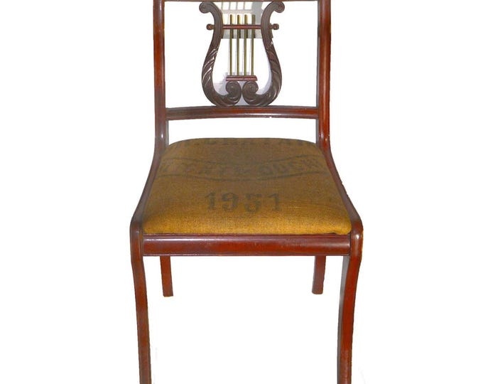 MCM wood Lyre Back, Harp Back, Duncan Phyfe Dining Chair attributed Bissman. Authentic French grain sack seating. Sold individually.
