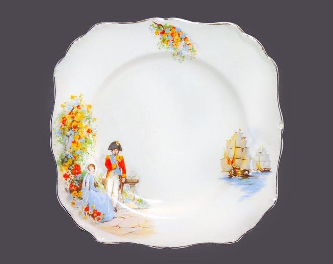 J&G Meakin Dubarry square salad or snack plate. Napoleonic-era scene, Made in England. Flaws (see below).